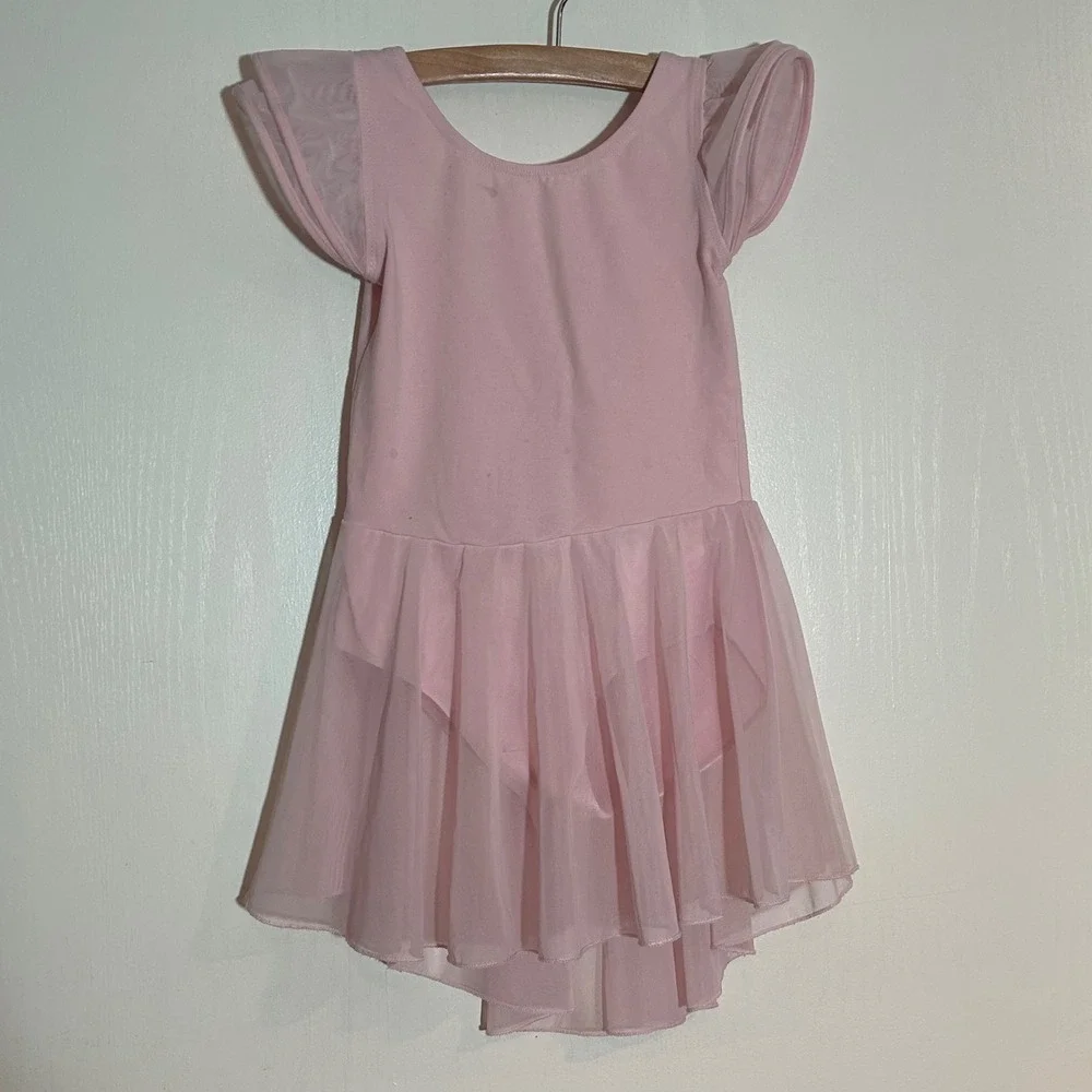 Girls Pink Ballet Leotard Dress Mesh‎ Flutter Sleeve Tutu Dancewear Size 130
